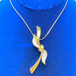 Vintage Swarovski clear Crystal bow brooch gold chain necklace 18” L